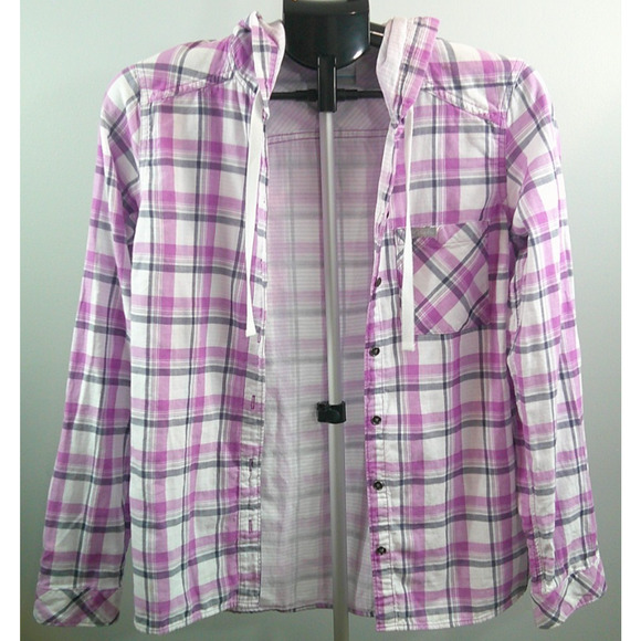 Columbia Hooded Button-down Navy Purple Plaid shirt jacket Women's Small - Picture 1 of 6